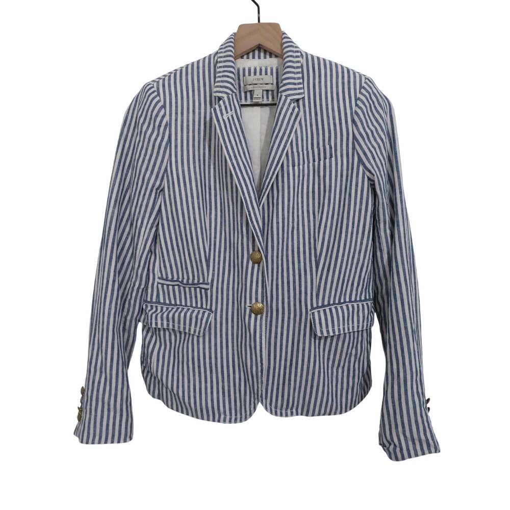 J. Crew Women Sz 8 Blue White Schoolboy Striped Blazer Gold Button Preppy Casual